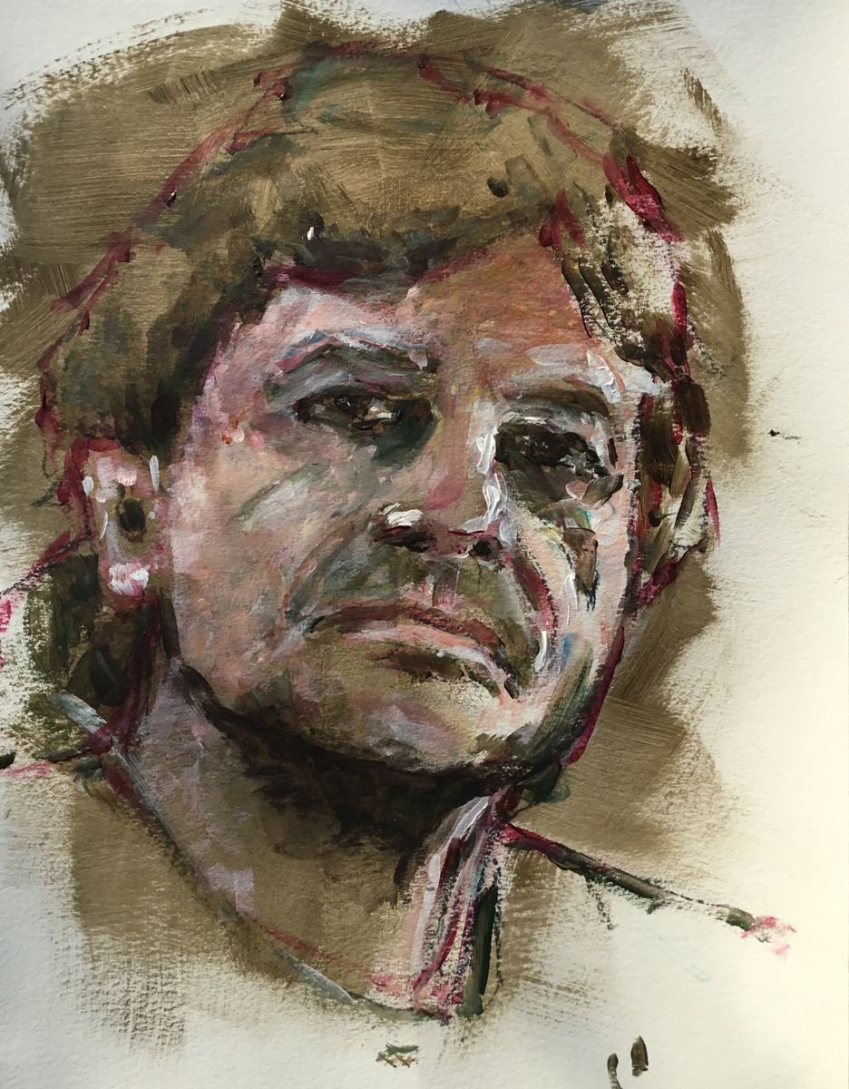 Expressive Portrait Acrylic Painting By Dominique Deve, 12 X 16, The Man With The Plates, Original Artwork