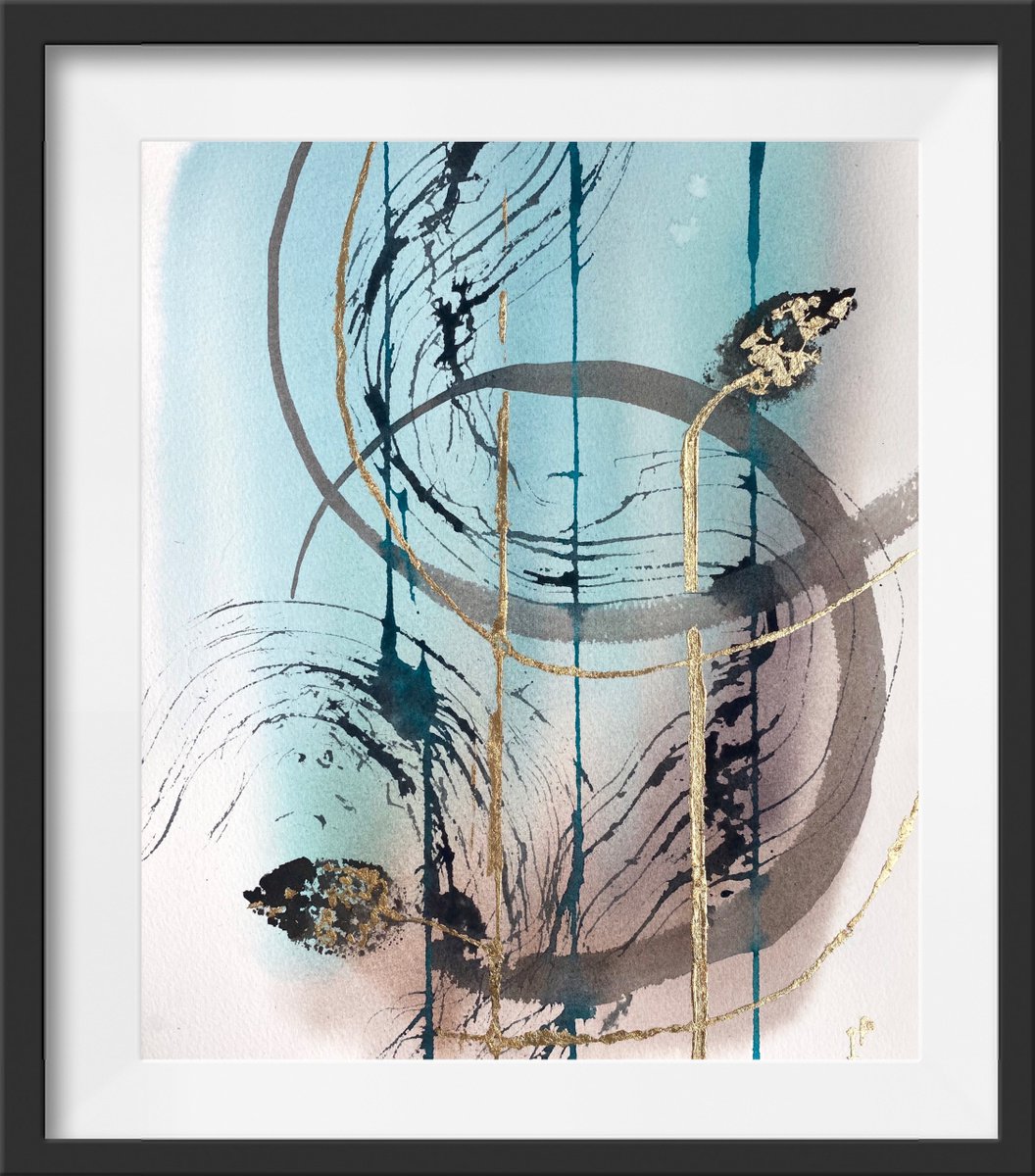 Abstract watercolor abstraction in blue and brown colores with gold brass leaf 27,5 x 33,5... by Irina Povaliaeva