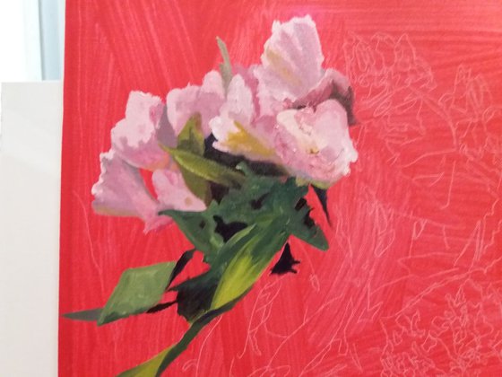 Peonies & Inca Lilies (Square floral painting)