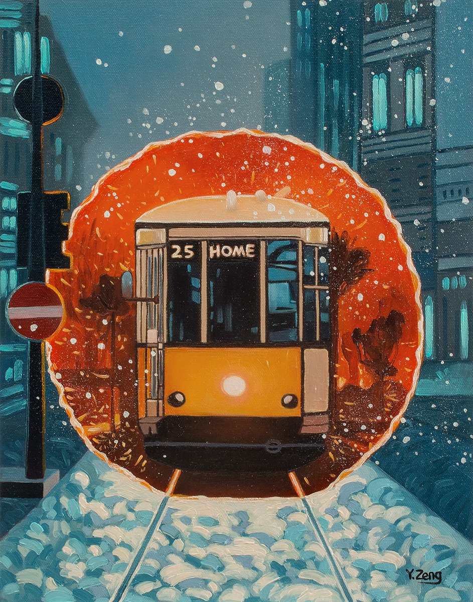 Surrealistic Landscape Oil Painting By Yue Zeng, 11 X 14", Teleporting Train, Original Artwork