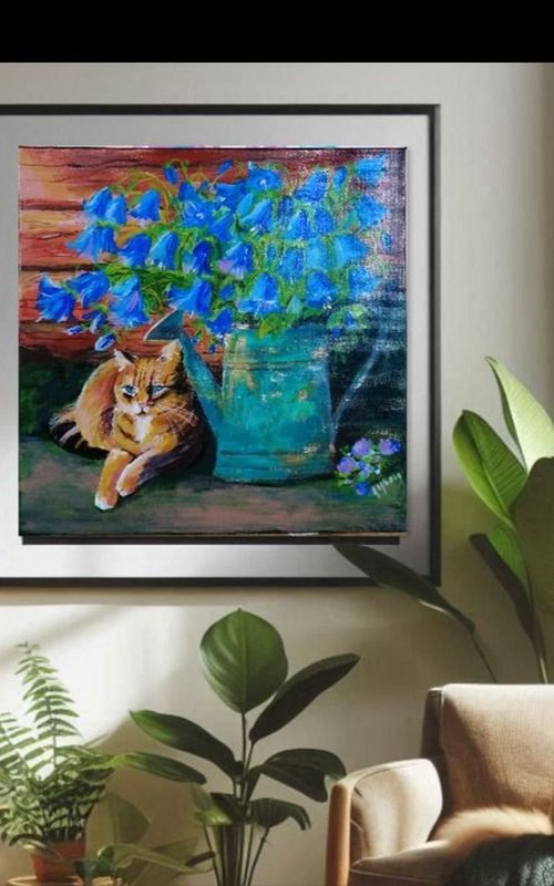 Blue flowers and cat by Martine Vinsot