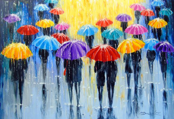 Rain in colorful umbrellas