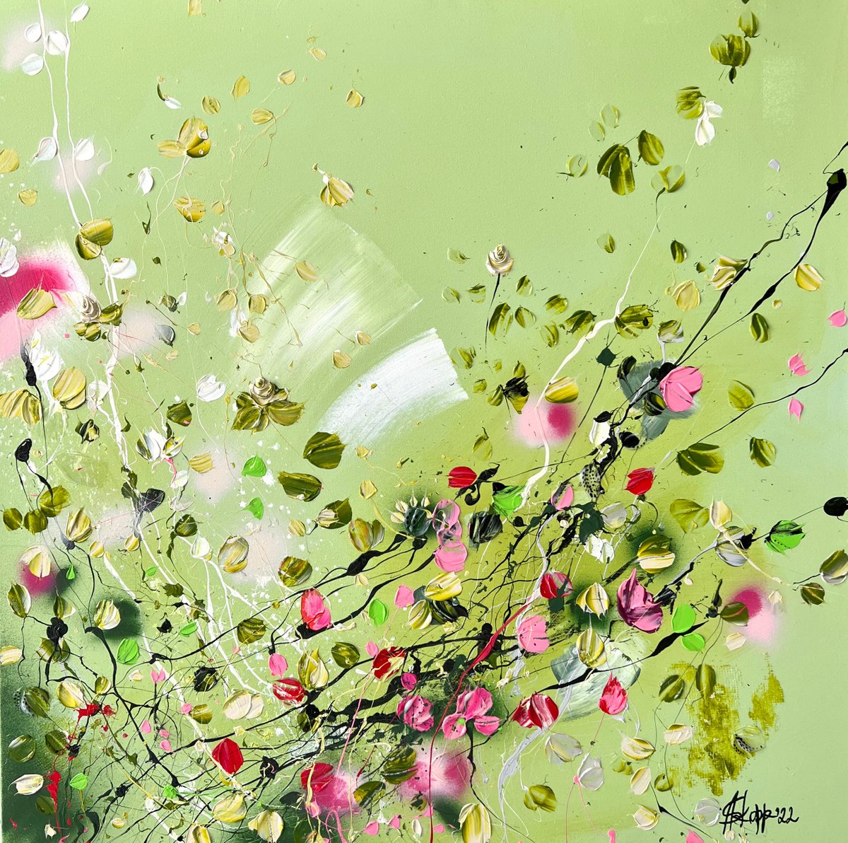 Square acrylic painting with flowers - Pistachio II - � 90x90cm by Anastassia Skopp