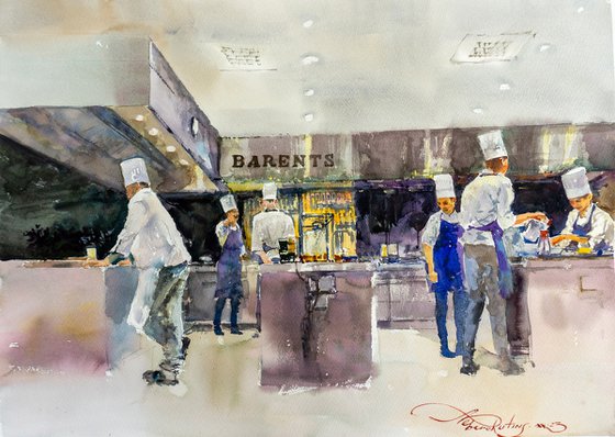 Restaurant Kitchen in Action. Watercolor on paper.