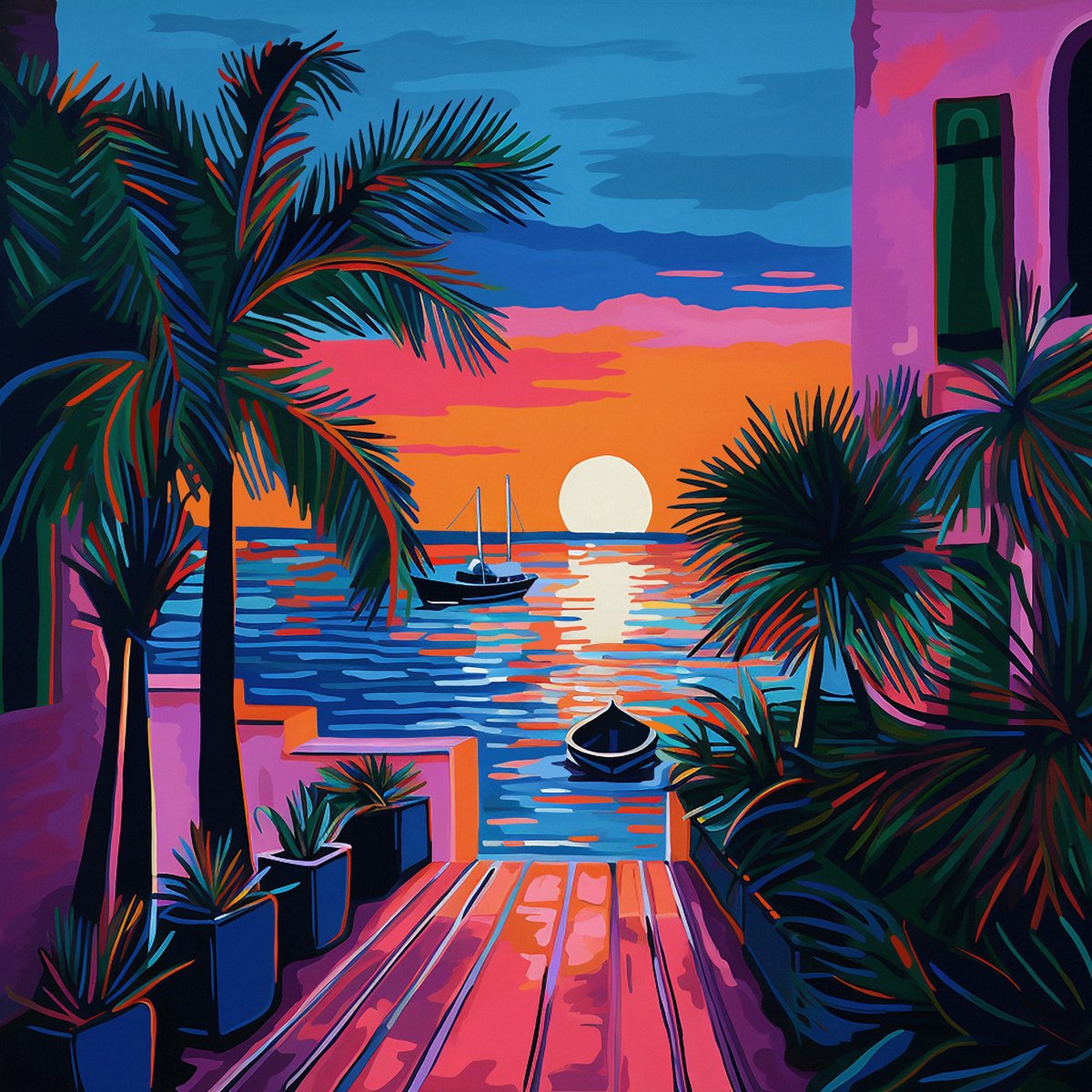 Impressionistic Landscape Acrylic Painting By Kosta Morr, 31 X 31", Boats At Sunset, Original Artwork