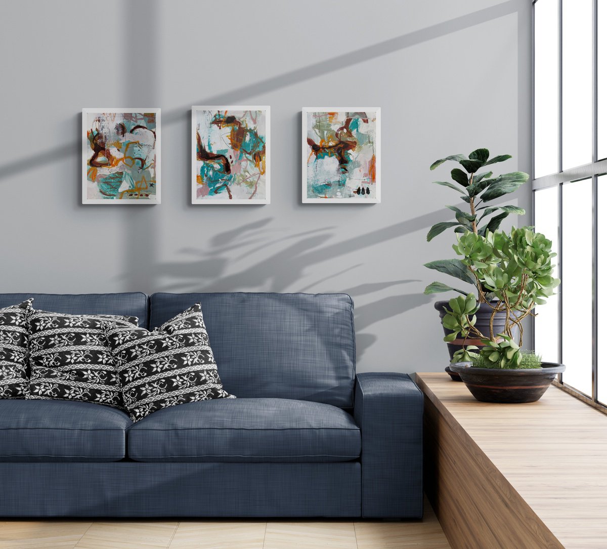 Organic Abstract Acrylic Painting By Linda Coppens, 33 X 14", River To Sea -Set Of 3, Original Artwork