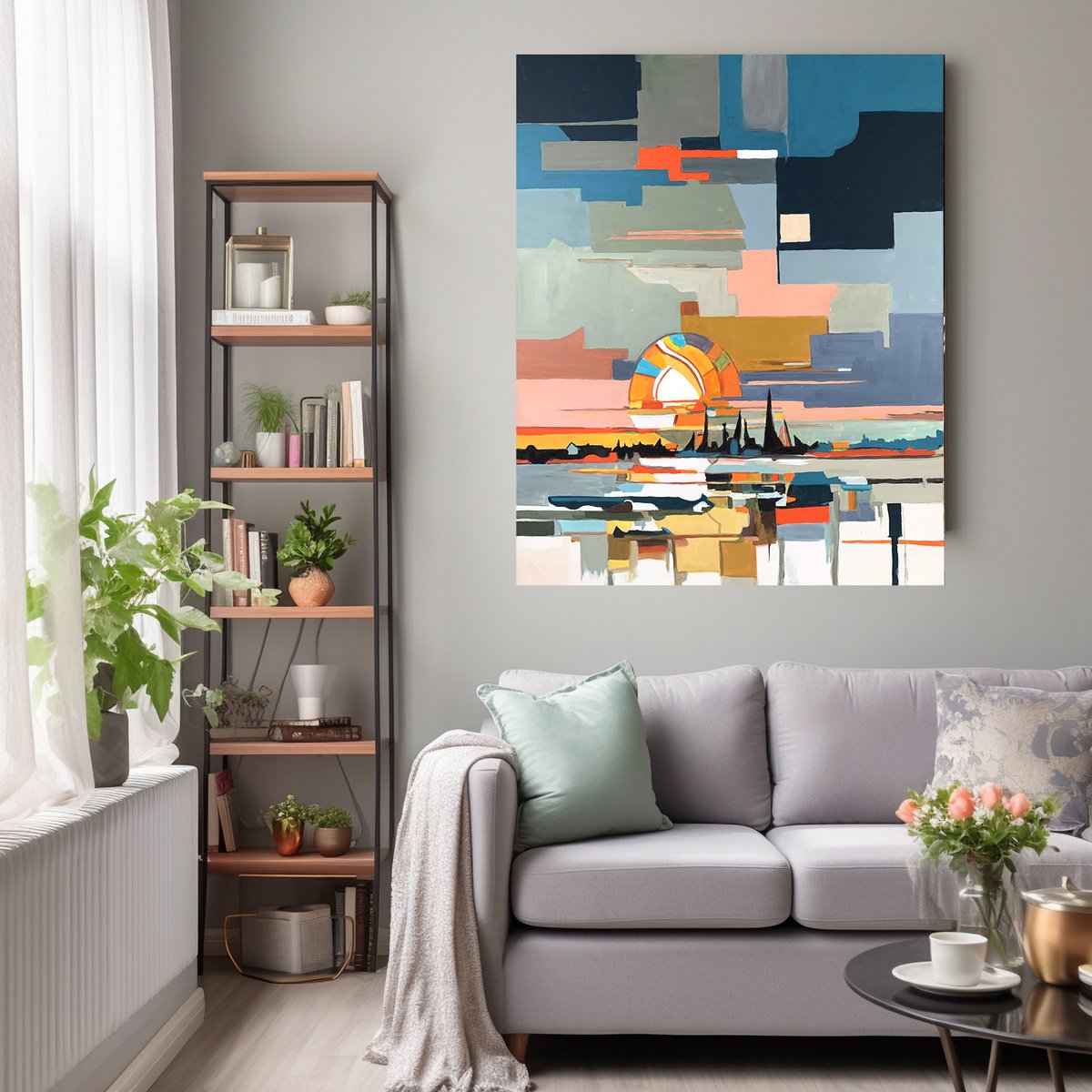 Geometric Abstract Acrylic Painting By Vita Schagen, 31 X 39", Sunset In A City. Abstract Cityscape., Original Artwork