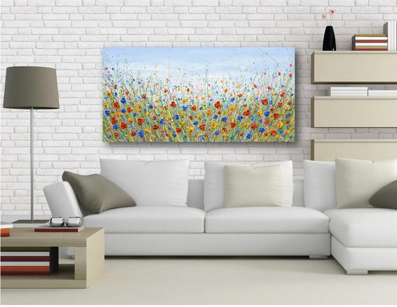 Colorful flower field - Wildflower meadow painting, palette knife art