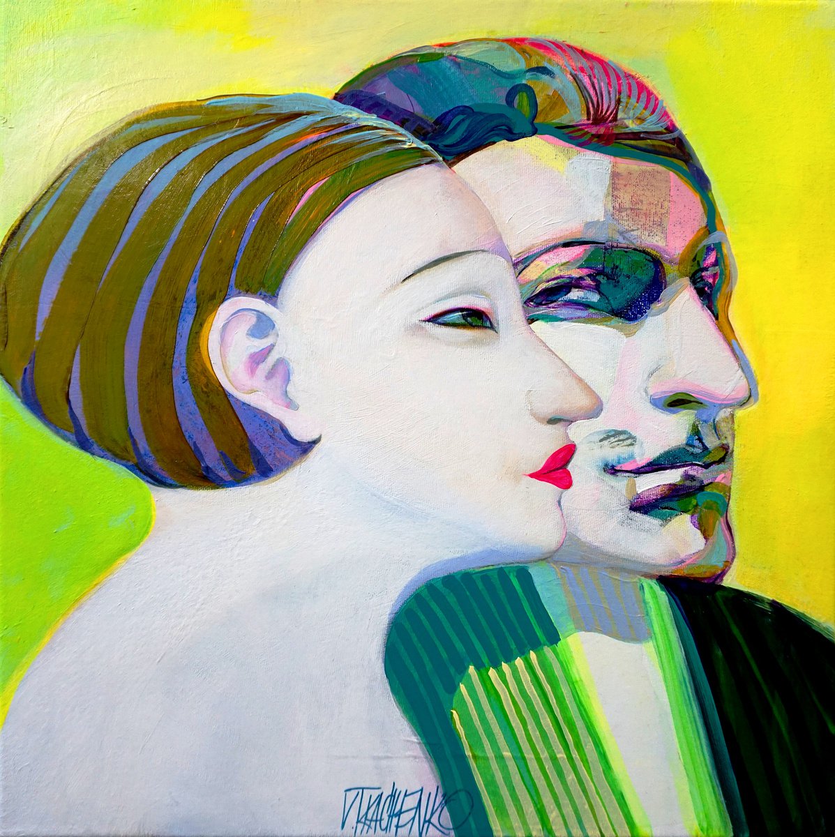 Organic Portrait Acrylic Painting By Victor Tkachenko, 16 X 16", Green Couple, Original Artwork