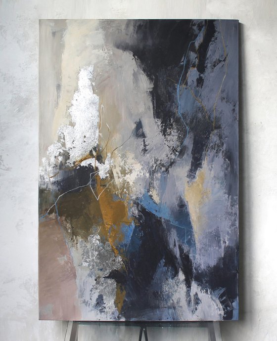 "Glory" Abstract navy blue silver acrylic art