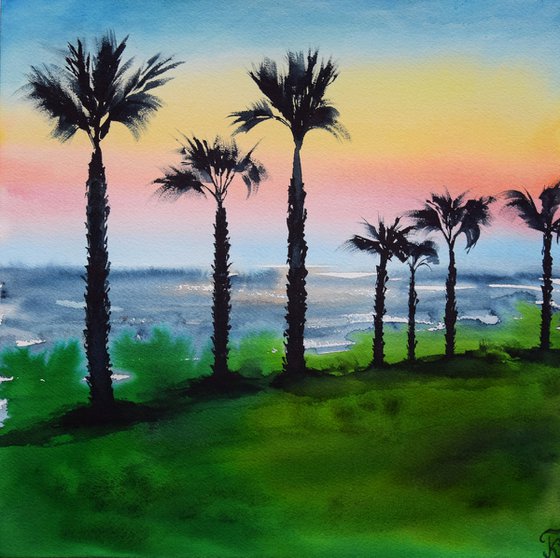 Palms Watercolour Painting, Sea Beach Original Art, Coastal Wall Decor