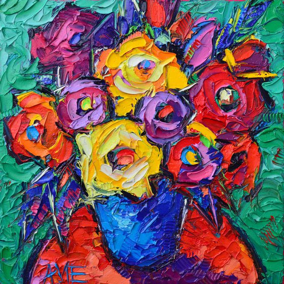 ABSTRACT COLOURFUL ROSES  - modern impressionism textural impasto palette knife original oil painting on canvas contemporary floral art by Ana Maria Edulescu