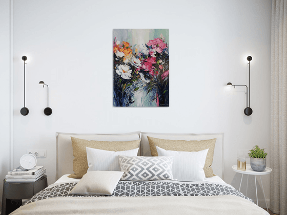 Modern flowers (50x70cm, oil painting, palette knife, ready to hang)
