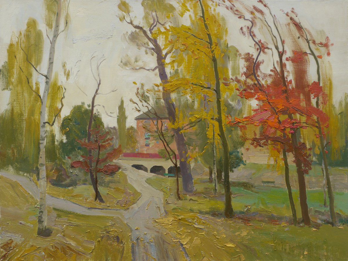 Impressionistic Landscape Oil Painting By Victor Onyshchenko, 31 X 24", A View Of The Red Bridge From Maryina Grove, Artfinder