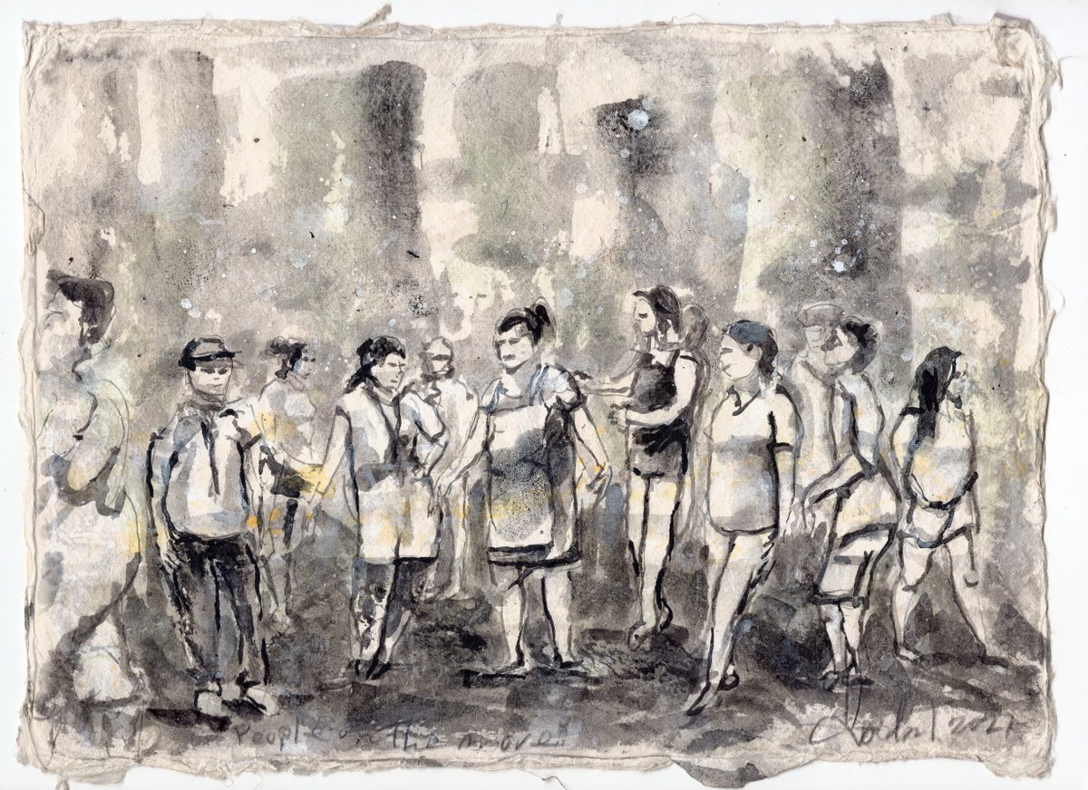 Expressive Portrait Acrylic Painting By Gordon T., 11 X 8, People On The Move, Original Artwork