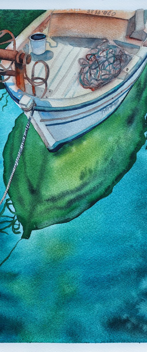 Fishing boat and reflection - original seascape watercolor artwork by Delnara El