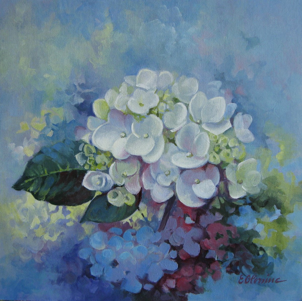 Impressionistic Botanical Acrylic Painting By Elena Oleniuc, 12 X 12, Loving Hydrangea, Original Artwork