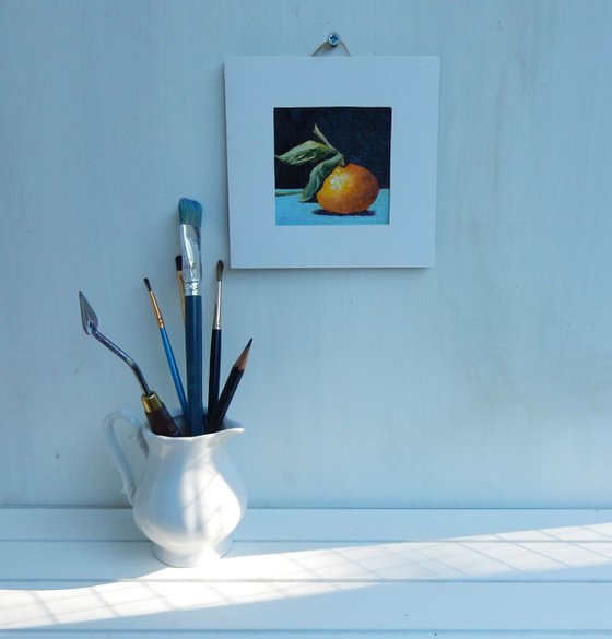 tangerine. Miniature painting Mandarin. Easel is included. Gift painting. Ready to hang.