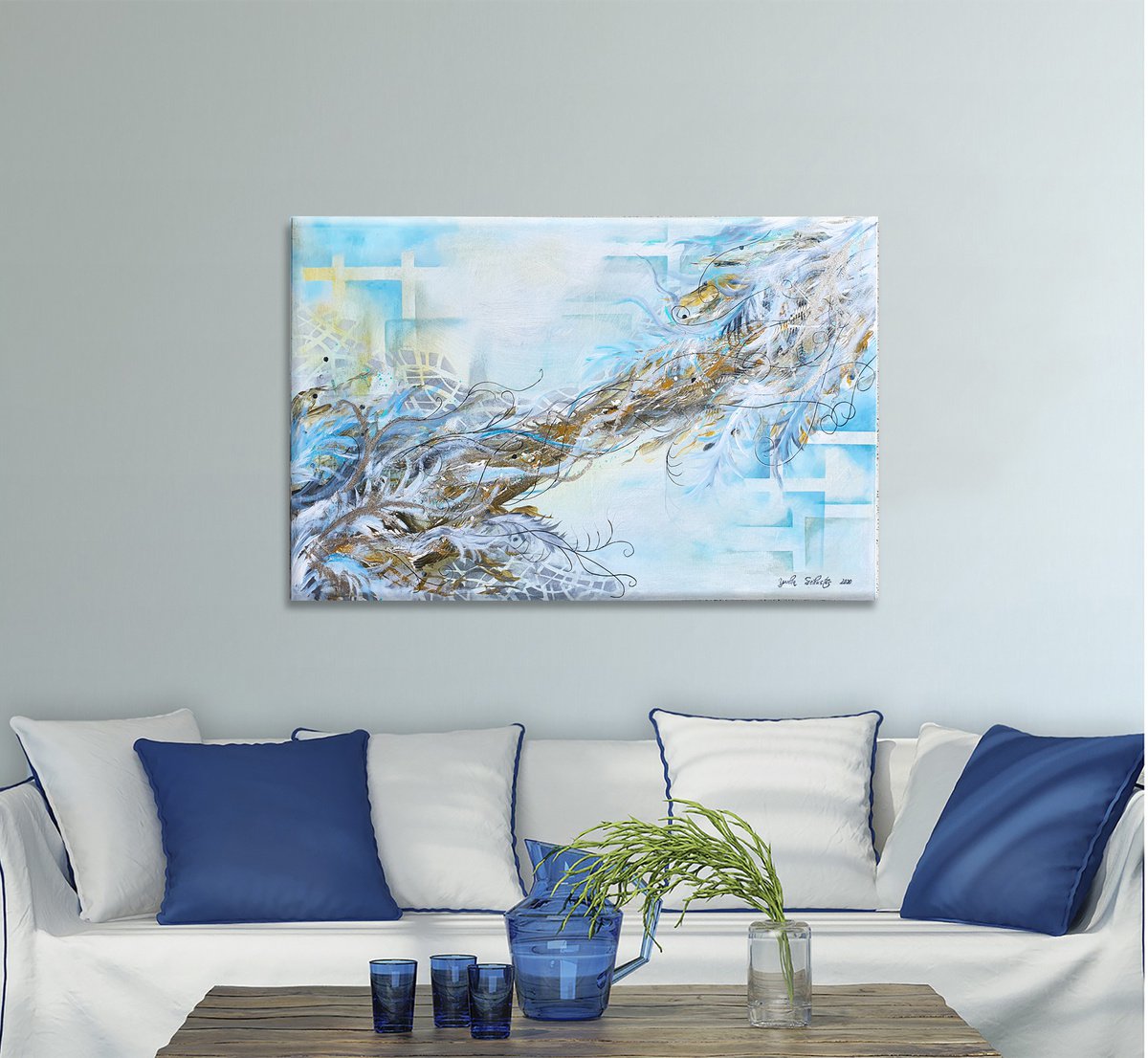 Abstract Acrylic Painting By Yulia Schuster, 45 X 30", Blue Dreams, Original Artwork