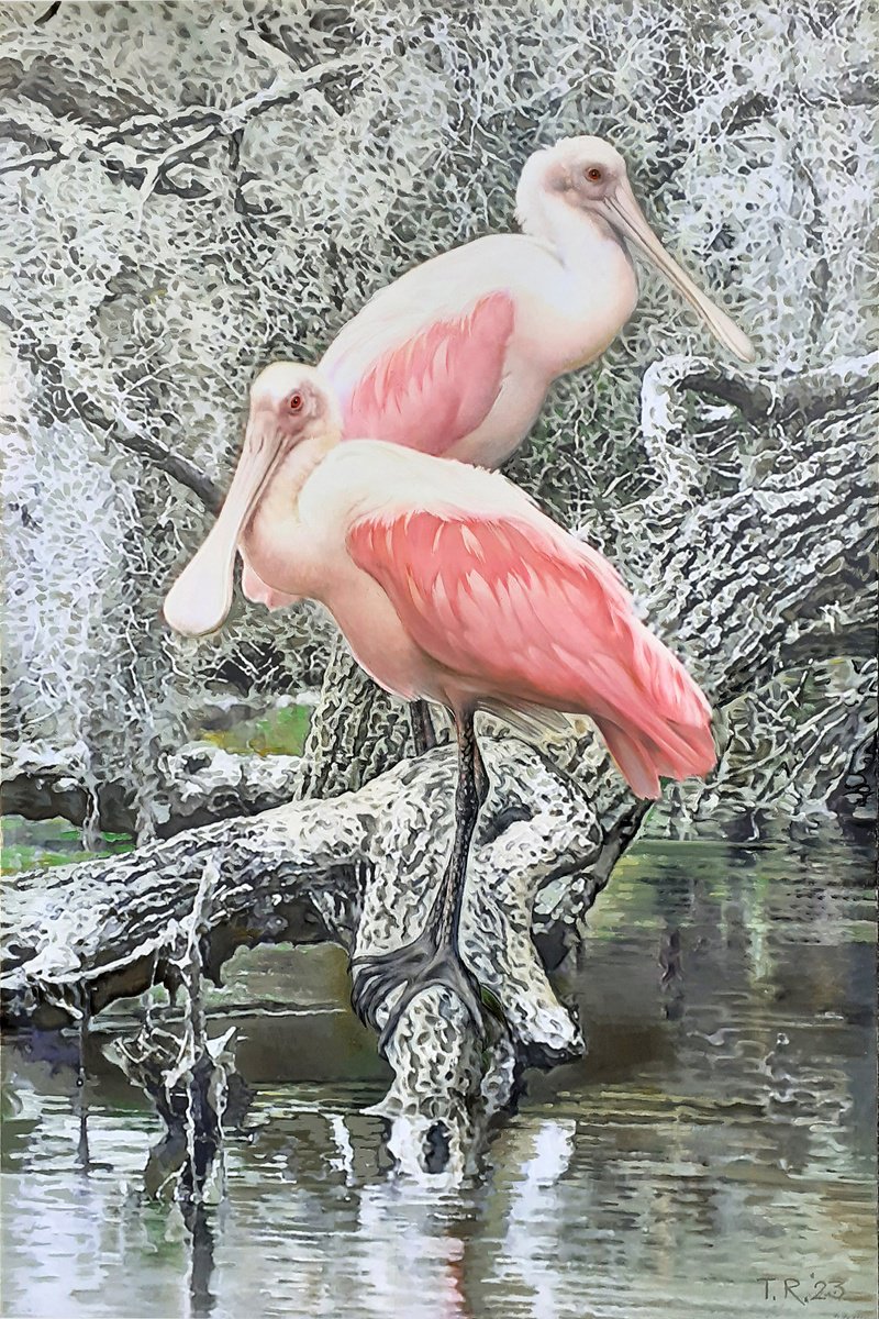 Impressionistic Animal Oil Painting By Tatiana Rezvaya, 31 X 47", Roseate Spoonbills, Original Artwork