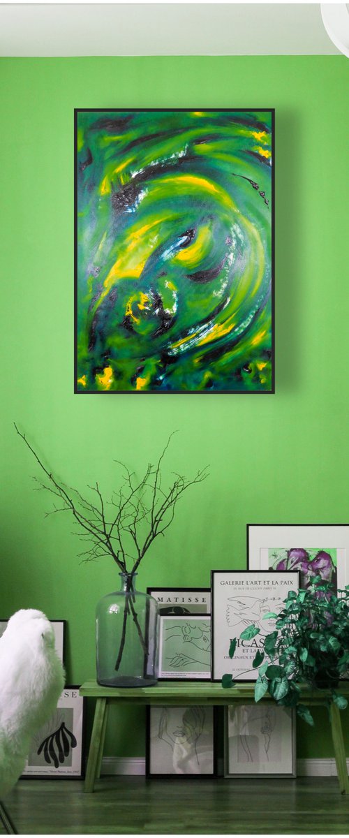 Untitled in green - 55x75 cm, Original abstract painting, oil on canvas by Davide De Palma