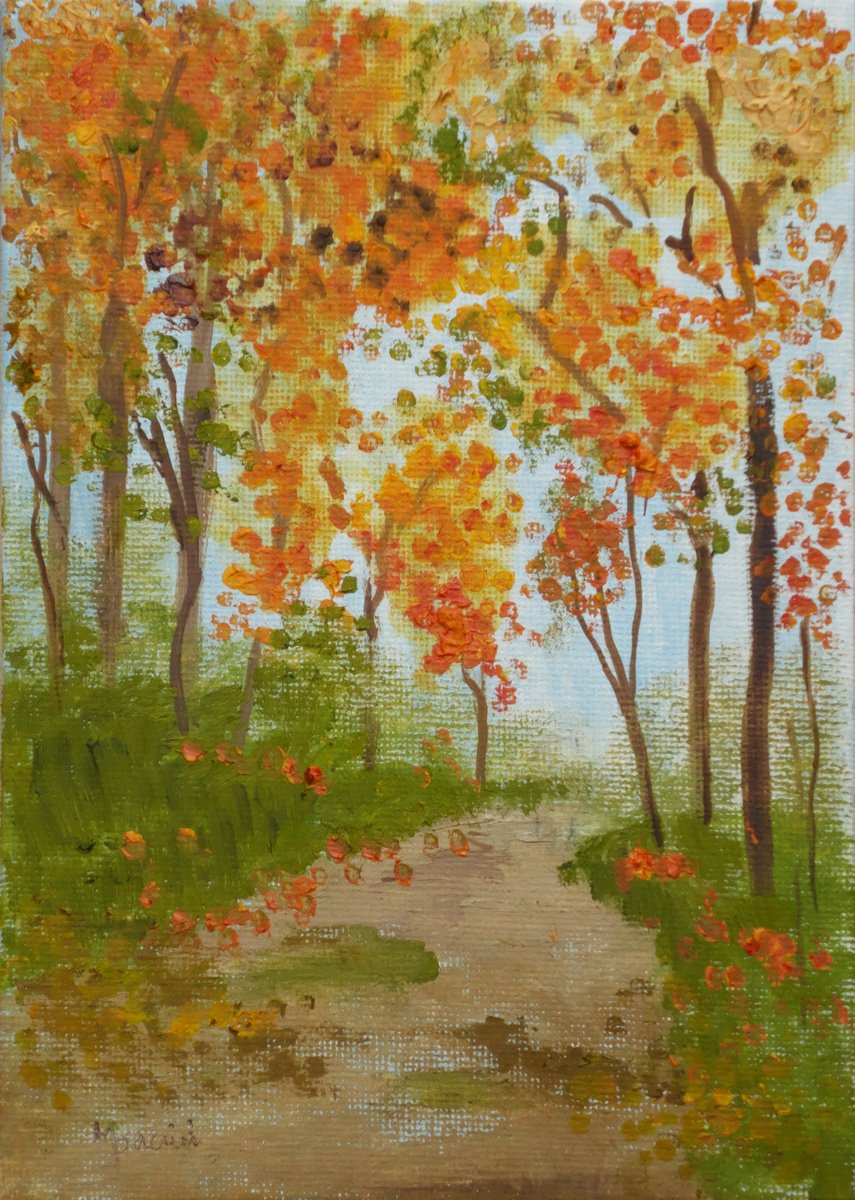 Impressionistic Landscape Oil Painting By Maddalena Pacini, 6 X 8", Autumn Path, Original Artwork