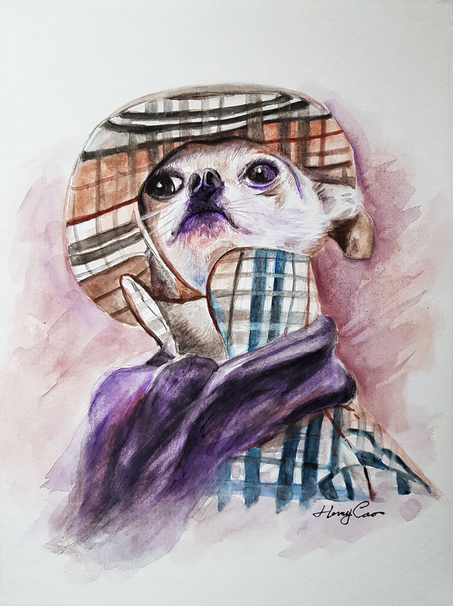 Impressionistic Animal Watercolour By Henry Cao, 12 X 15, Dog With The Hat, Original Artwork