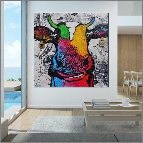 Steerling C.C. Fabulous 120cm x 120cm Urban Pop Art Cow Textured Painting