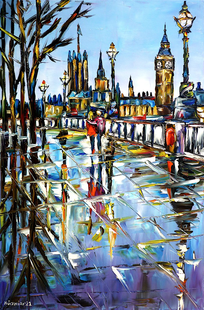 Expressive Cityscapes Oil Painting By Mirek Kuzniar, 16 X 24", Rainy Autumn Day In London, Original Artwork