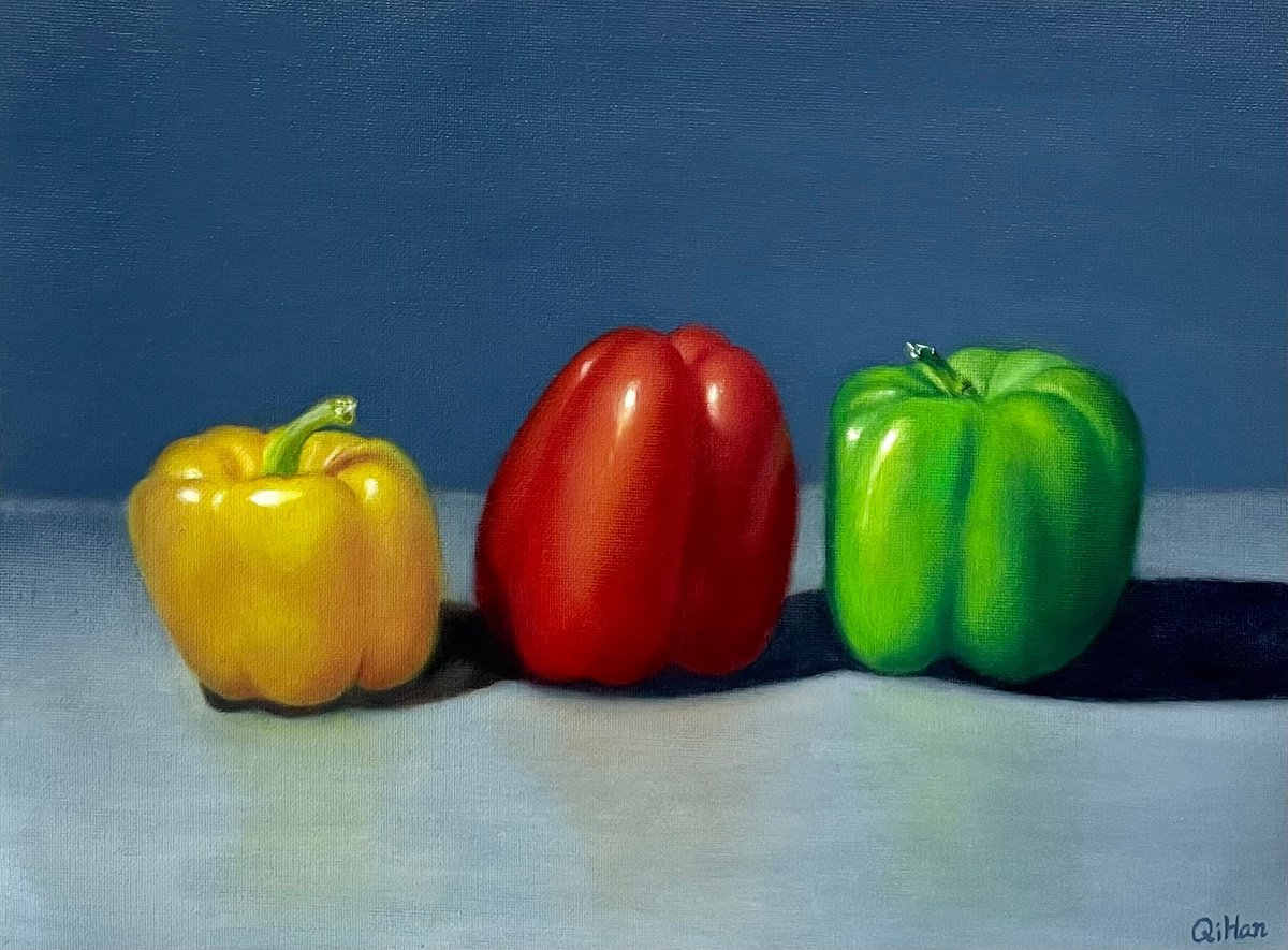 Photorealistic Still Life Oil Painting By Qi Han, 16 X 12", Radiant Trio, Original Artwork