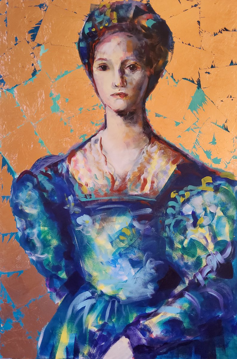 Expressive Portrait Acrylic Painting By Marina Del Pozo, 32 X 47", Vestido Turquesa, Original Artwork