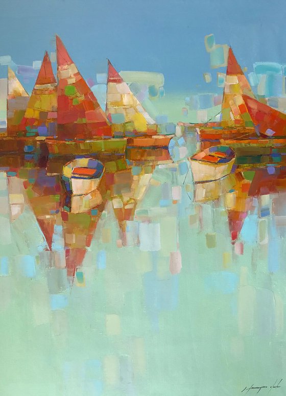 Sail Boats-Harbor , Original oil painting, Handmade artwork, One of a kind