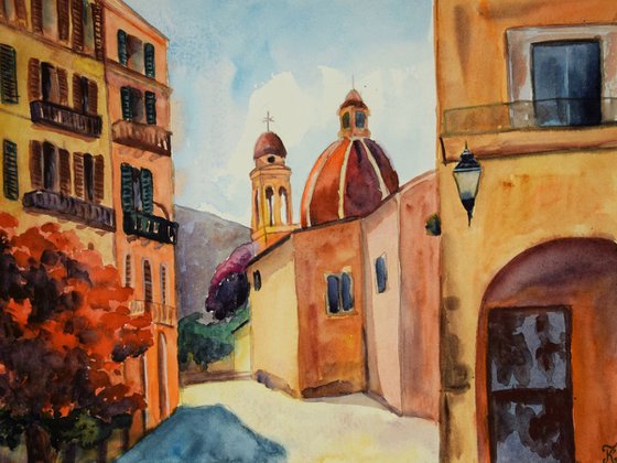 Old city cathedral original watercolor painting, Corfu Island, coastal home decor