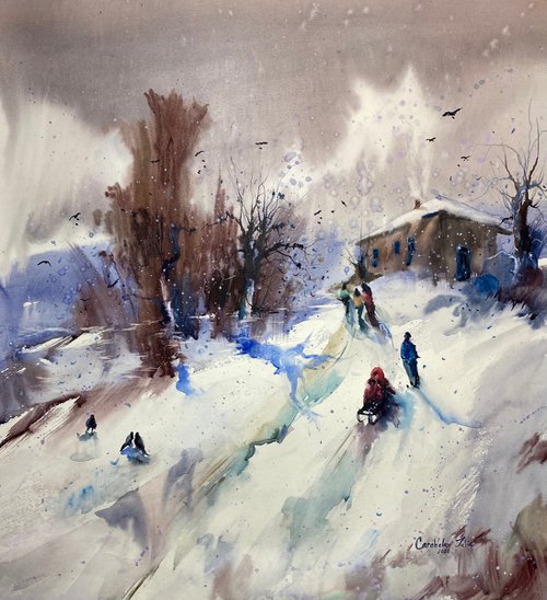 Watercolor “Winter childhood games II” perfect gift by Iulia Carchelan