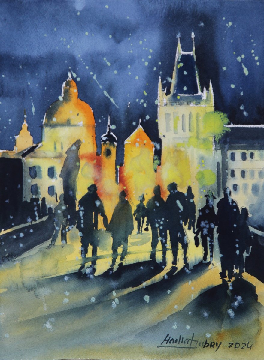 Impressionistic Cityscapes Watercolour By Nadiia Dubei, 9 X 12", Evening In Prague, Original Artwork