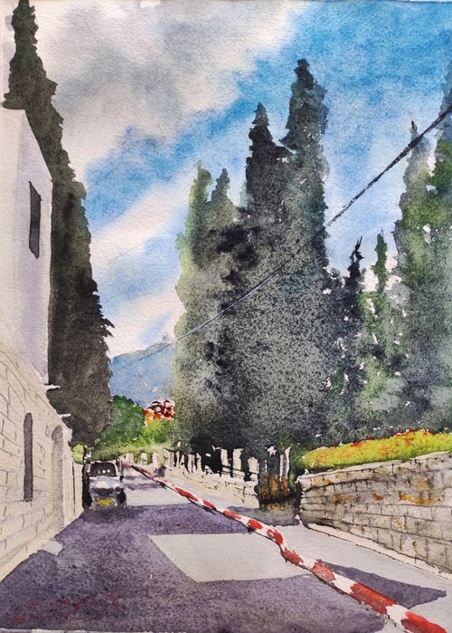 Christian quarter in Haifa. Summer. Watetcolor. Haifa. by Leonid Kirnus
