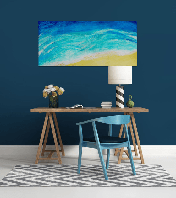 Whispering Waves  (Ready to hang - Large painting in turquoise and blues, water, seaside, waves)