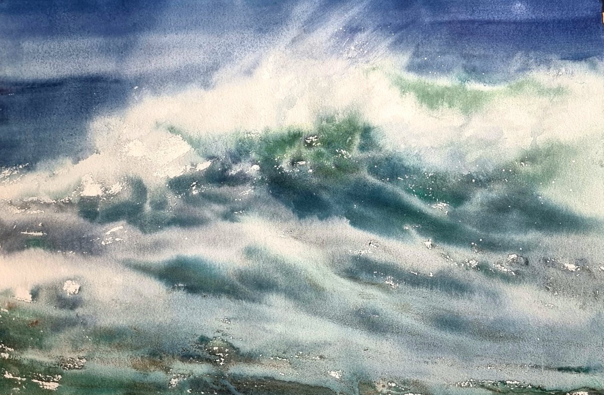 Impressionistic Landscape Watercolour By Elena Genkin, 22 X 15, The Sunny Wave -2, Original Artwork