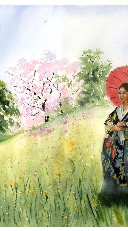 Japanese woman on the meadow by Olga Tchefranov (Shefranov)