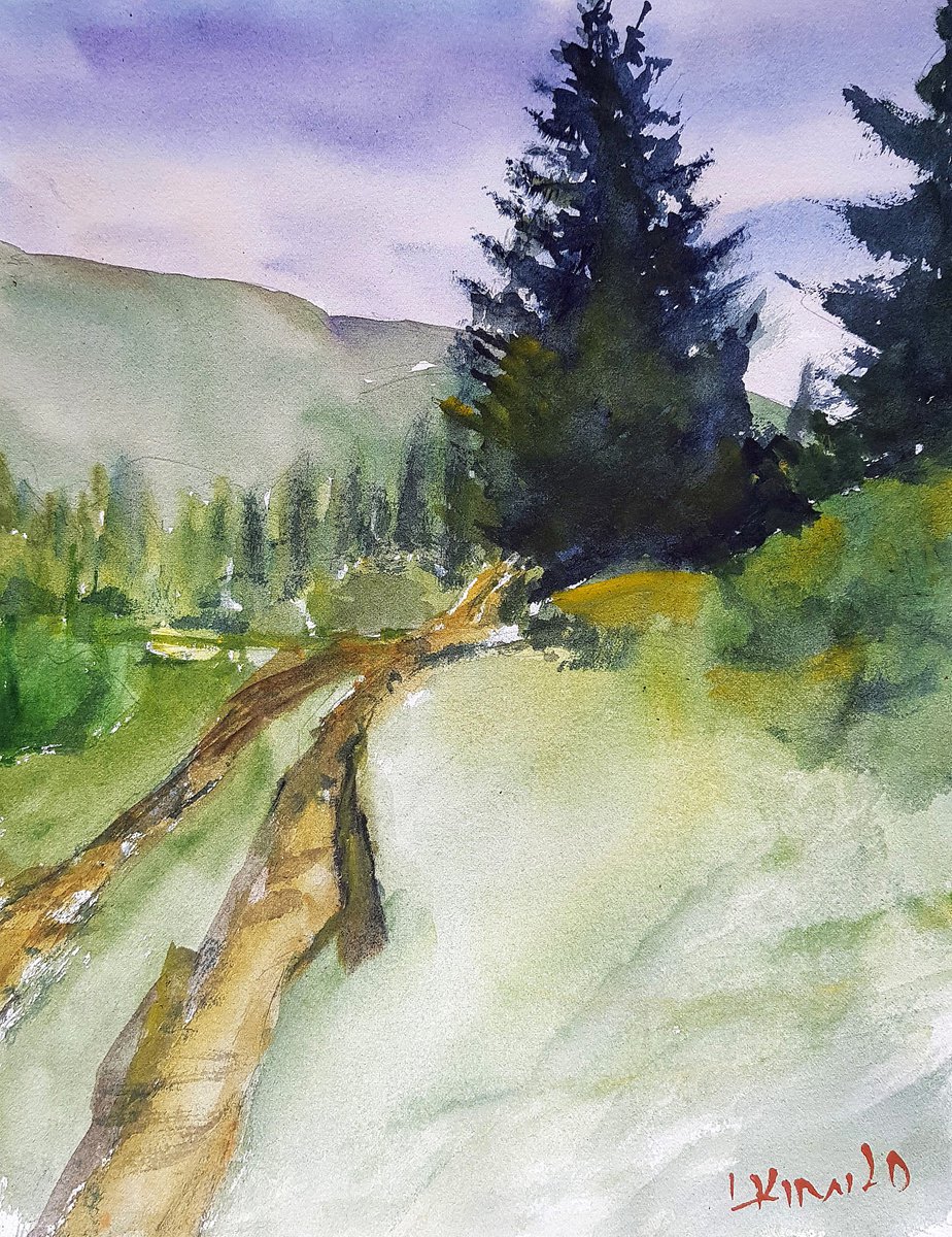 Impressionistic Landscape Watercolour By Leonid Kirnus, 11 X 15", On The Hills, Original Artwork