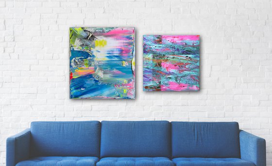 "I'm Rubber You're Glue" - Original PMS Abstract Acrylic Painting Diptych on Canvas and Wooden Panel - 44" x 27"