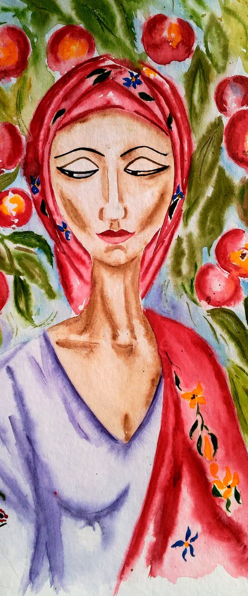 Female Painting Portrait Original Art Ukrainian Woman Watercolor Apple Tree Artwork Red Apples Home Wall Art 12 by 17" by Halyna Kirichenko by Halyna Kirichenko