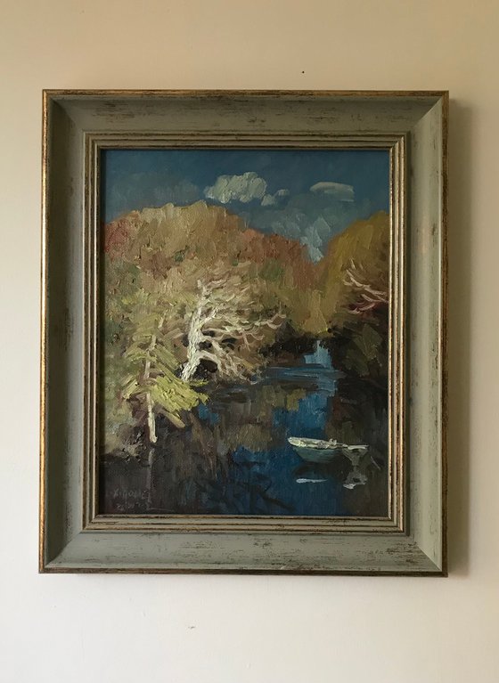 Original Oil Painting Wall Art Signed unframed Hand Made Jixiang Dong Canvas 25cm × 20cm Landscape Mesopotamia Riverside Oxford In Autumn Small Impressionism Impasto