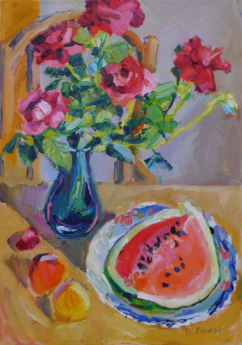 Expressive Still Life Oil Painting By Dima Braga, 14 X 20, Still Life With Watermelon, Original Artwork