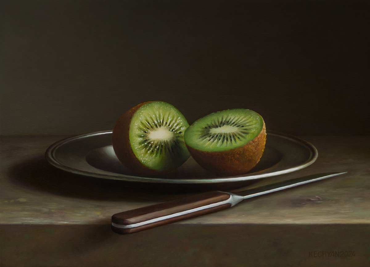 Photorealistic Oil Painting , Kiwifruit With A Knife By Albert Kechyan, 13 X 9, Artwork For Sale On Artfinder