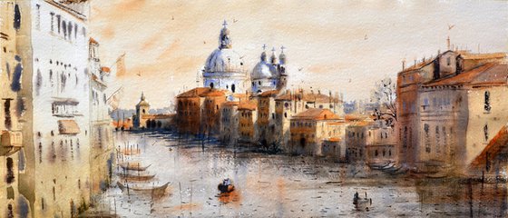 Warm light above Grand canal of Venice Italy 23x54cm 2020