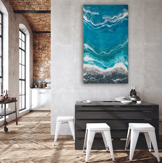 Turquoise waves - original seascape resin artwork with real blue shell