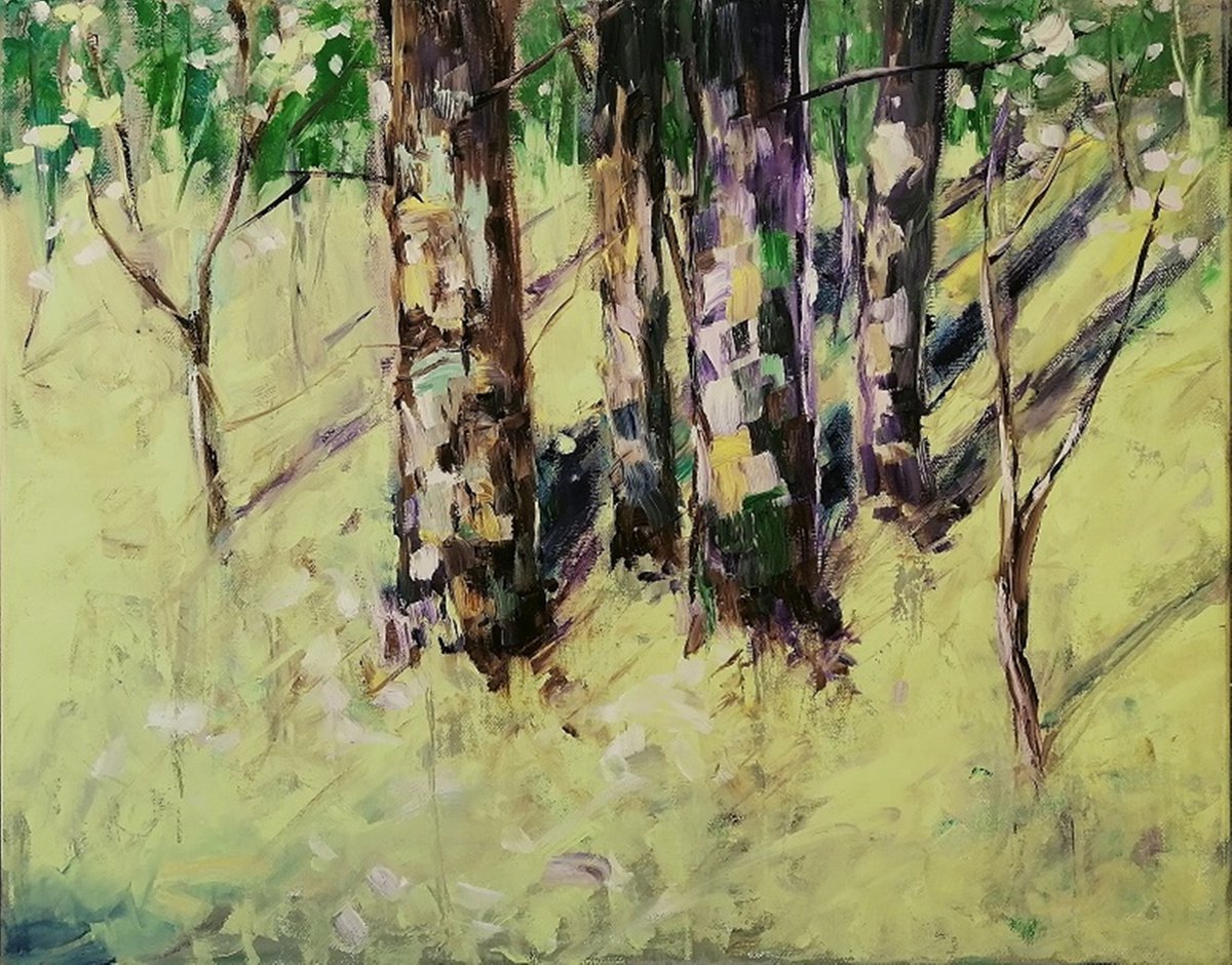 SPRING SUN KISSES, 50x40cm, trees trunks landscape by Emilia Milcheva