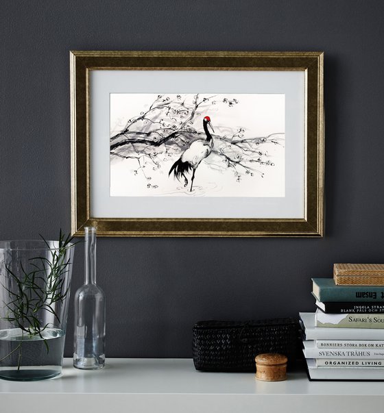 Japanese Red Crowned Crane and Plum Blossom - Oriental Style Painting Japanese art Asian art Sumi-e