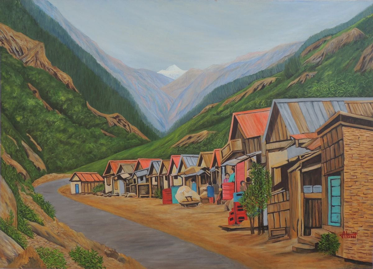 Expressive Landscape Oil Painting By Ajay Harit, 47 X 34, Market Country-Side Sikkim, Original Artwork